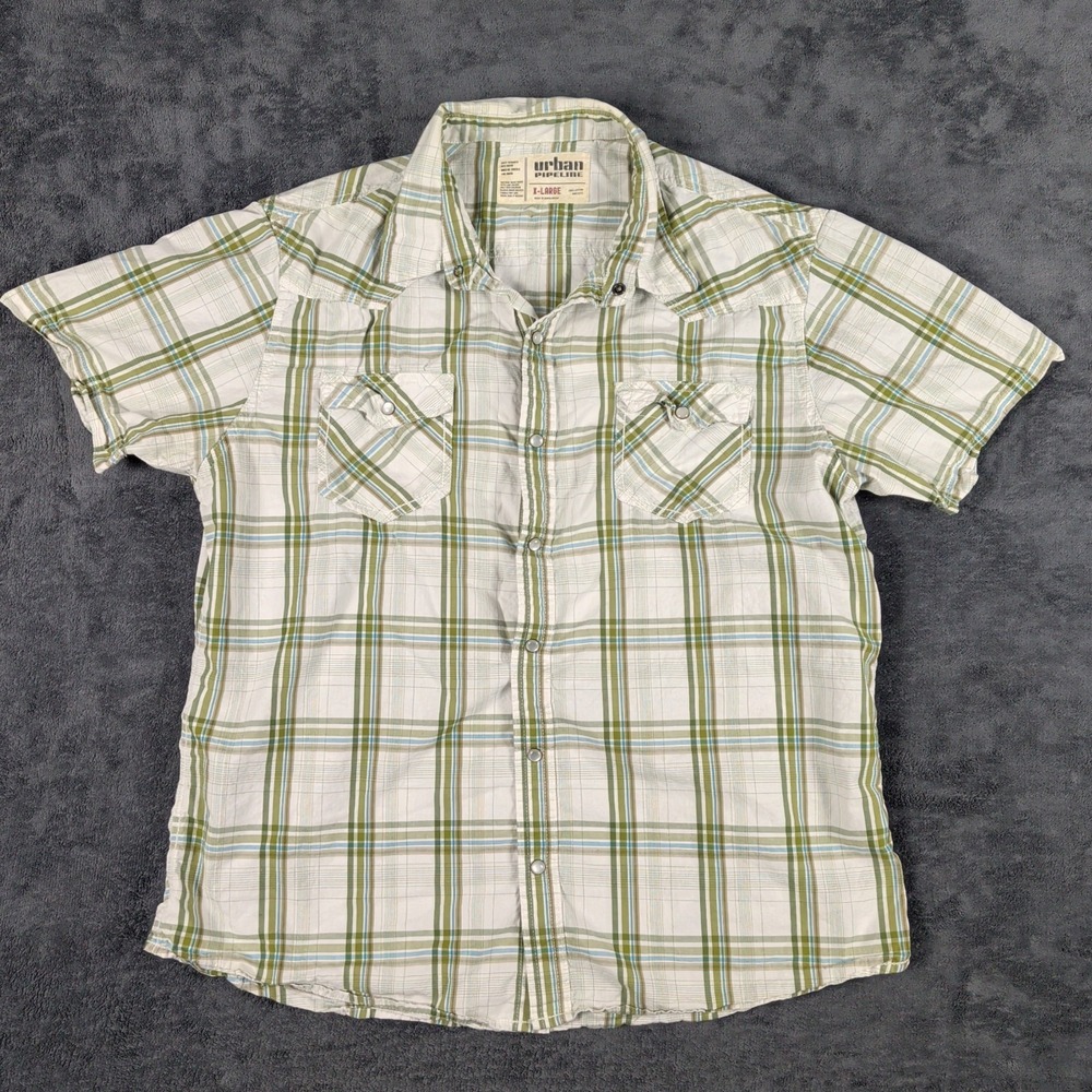 Urban Pipeline Western Shirt Mens XL Plaid Pearl Snap Front Short Sleeve Cotton
